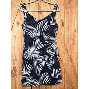 Slinky Stretch Tropical Palms Lined Mini Dress Womens‎ M Black Mini V-Neck #777